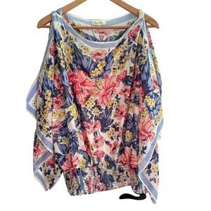 Max Studios Womens 3X Floral Top w/ Open Slit Sleeves and Shirred Waistband